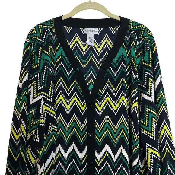 Catherines Womens Blouse 3X Black Green Chevron Print Button Front Long Sleeve - Picture 2 of 5